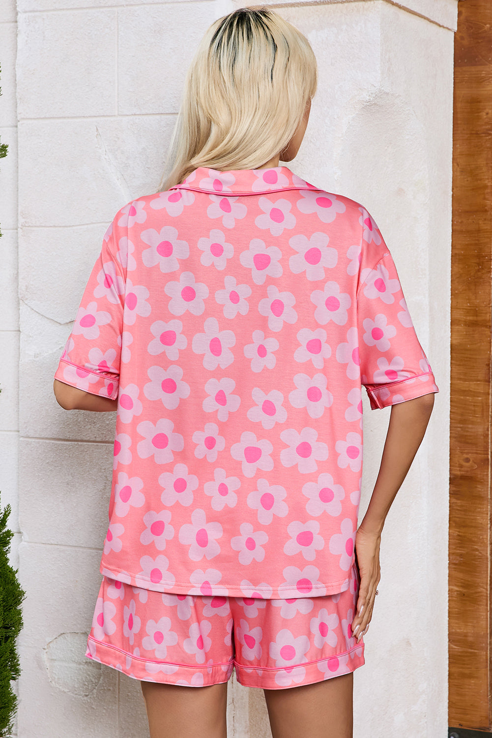 Pink Floral Print Short Sleeve Shirt Pajamas Set