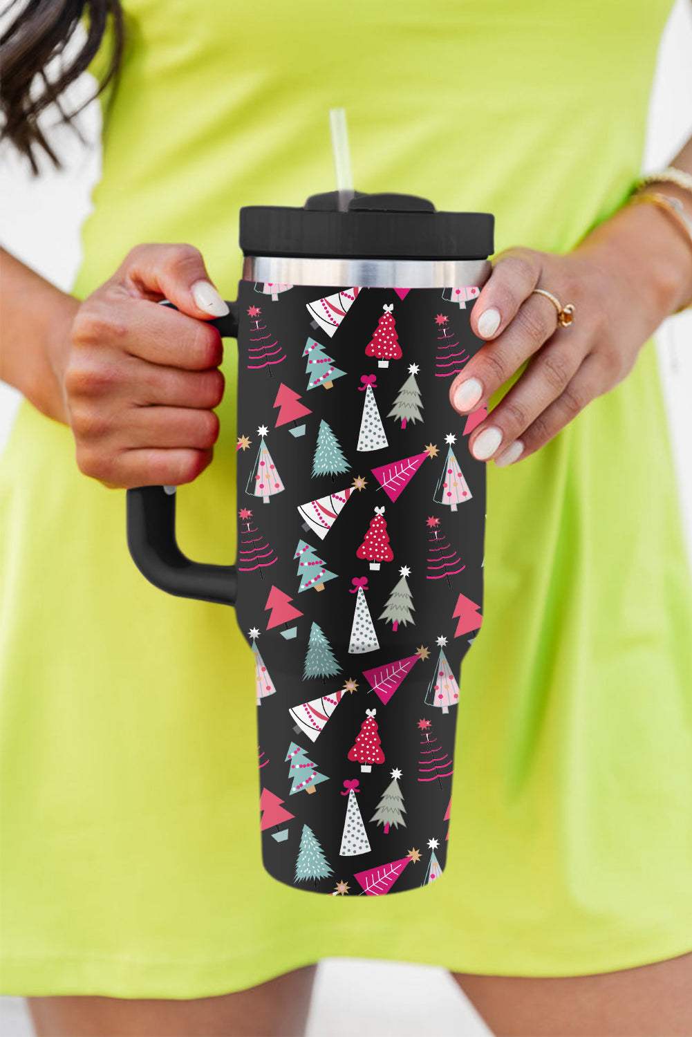 Black Cartoon Christmas Tree Printed 40oz Thermos Cup