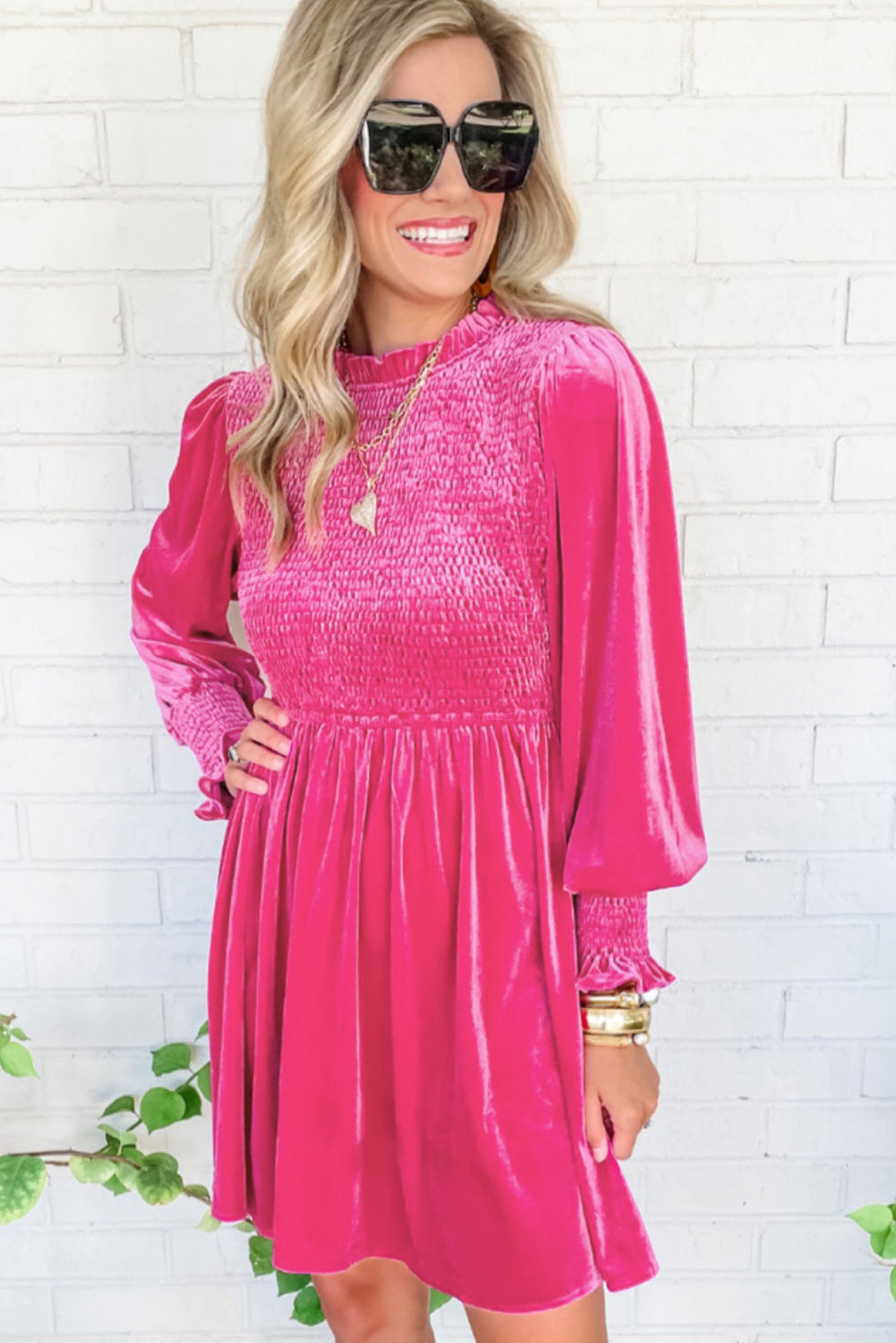 Red Smocked Lantern Sleeve Frilled Velvet Dress