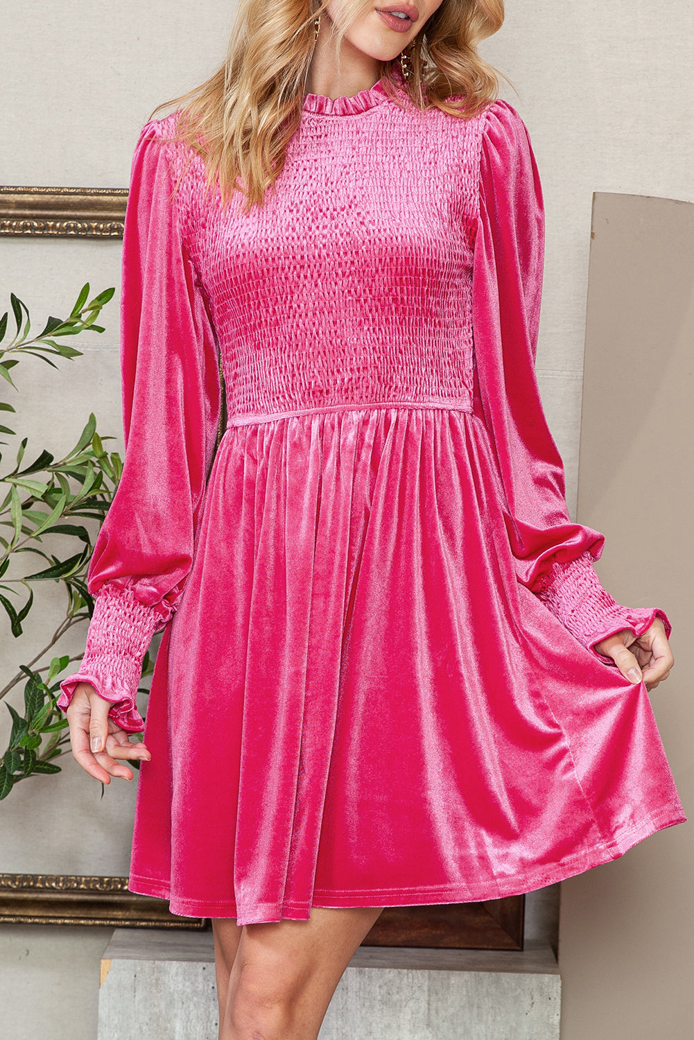 Red Smocked Lantern Sleeve Frilled Velvet Dress