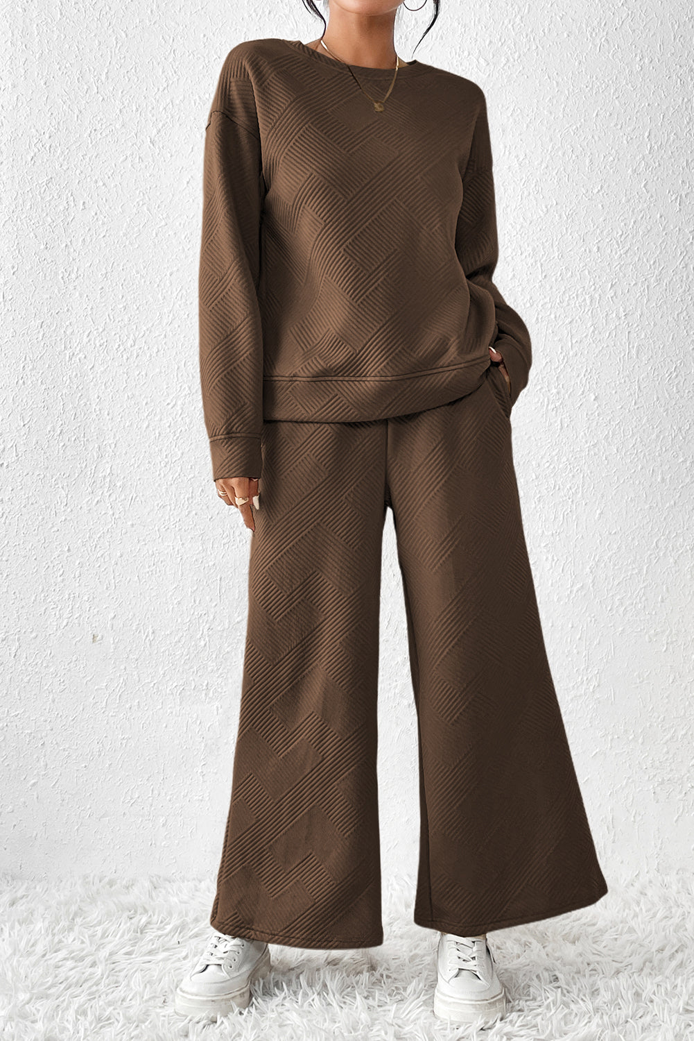 Textured Loose Slouchy Long Sleeve Top and Pants Set