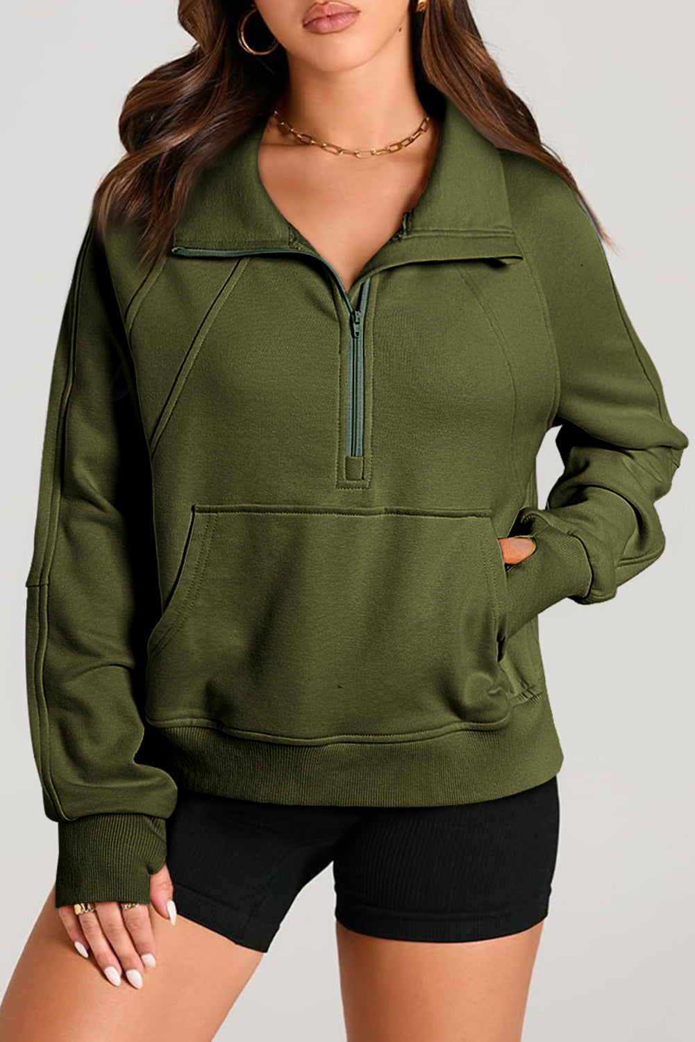 Versatile Stand Neck Quarter Zip Pullover with Kangaroo Pocket