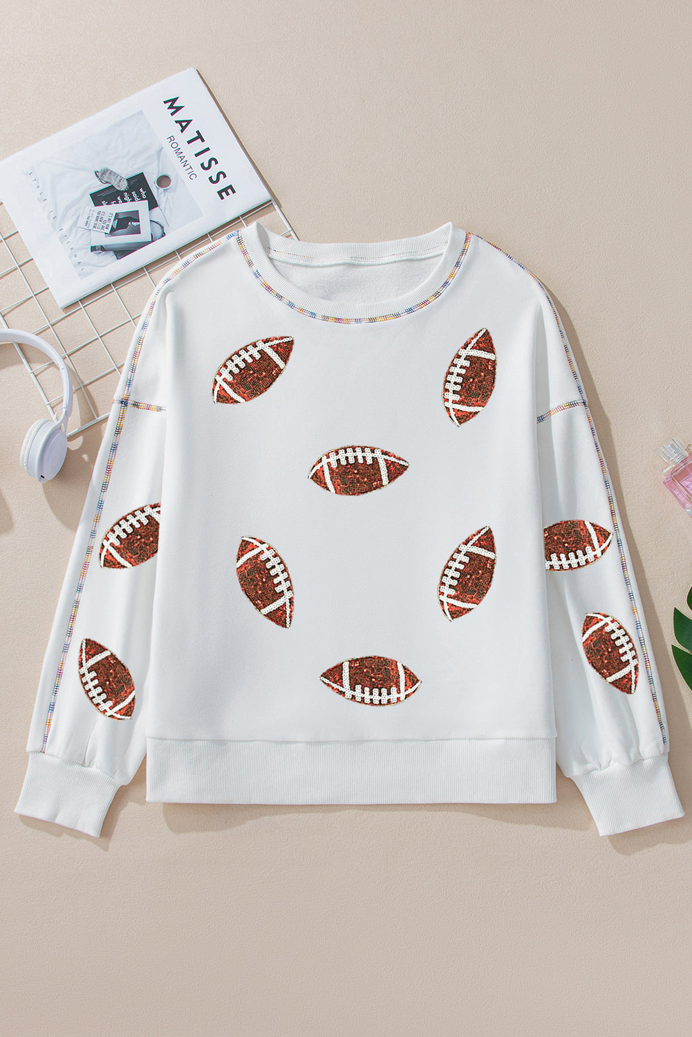 White Sequin Football Pattern Game Day Sweatshirt