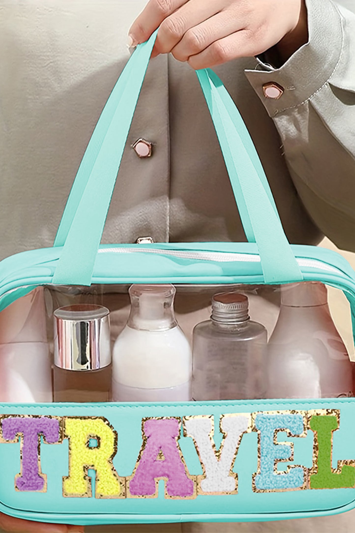 Mint Green TRAVEL Chenille Letter Clear Makeup Bag