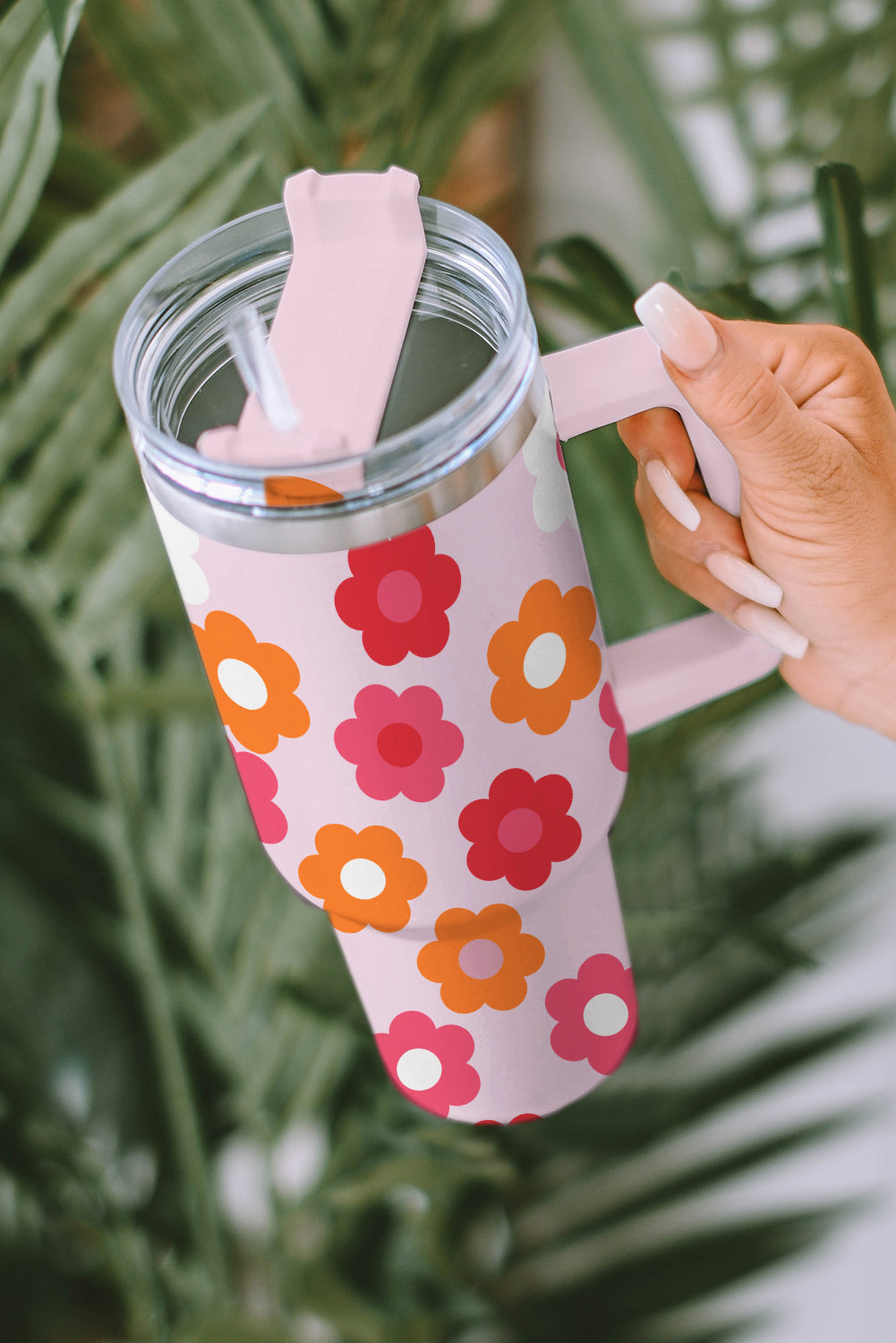 Flower Print Handled Stainless Steel Vacuum Cup 40oz