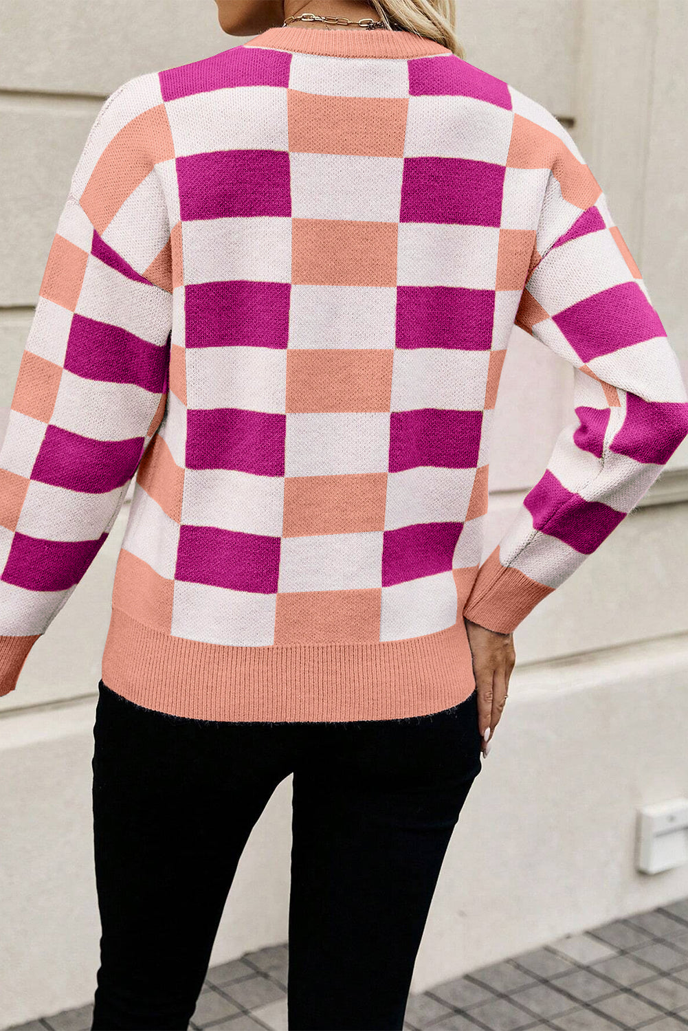 Pink Checkered Ribbed Edge Shoulder Sweater