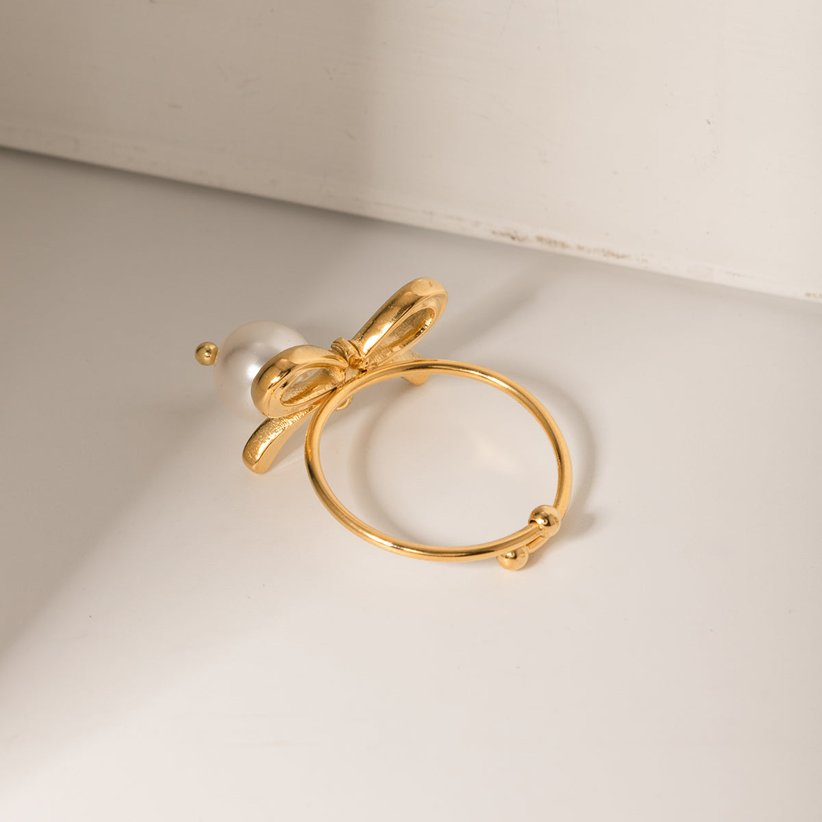 Bow Babe Gold Pearl Bow Ring