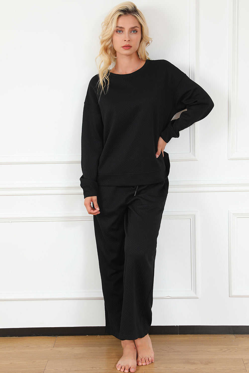 Textured Loose Slouchy Long Sleeve Top and Pants Set