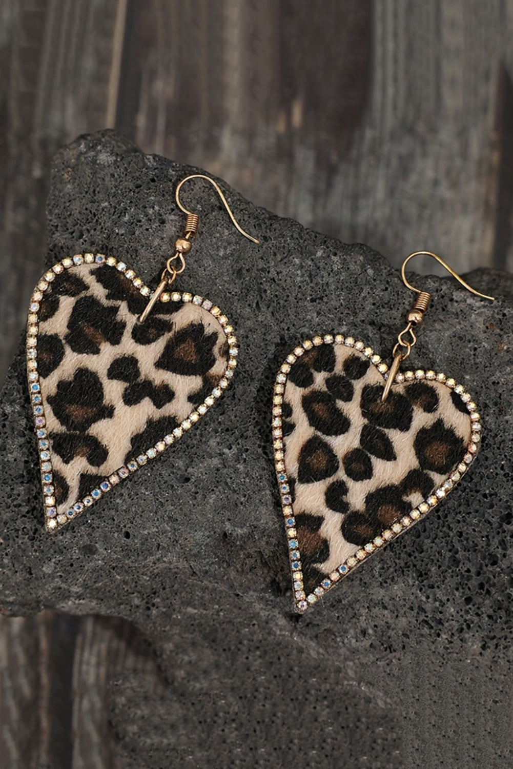 Bold Leopard Print Heart-Shaped Earrings with Sparkling Rhinestone Edges
