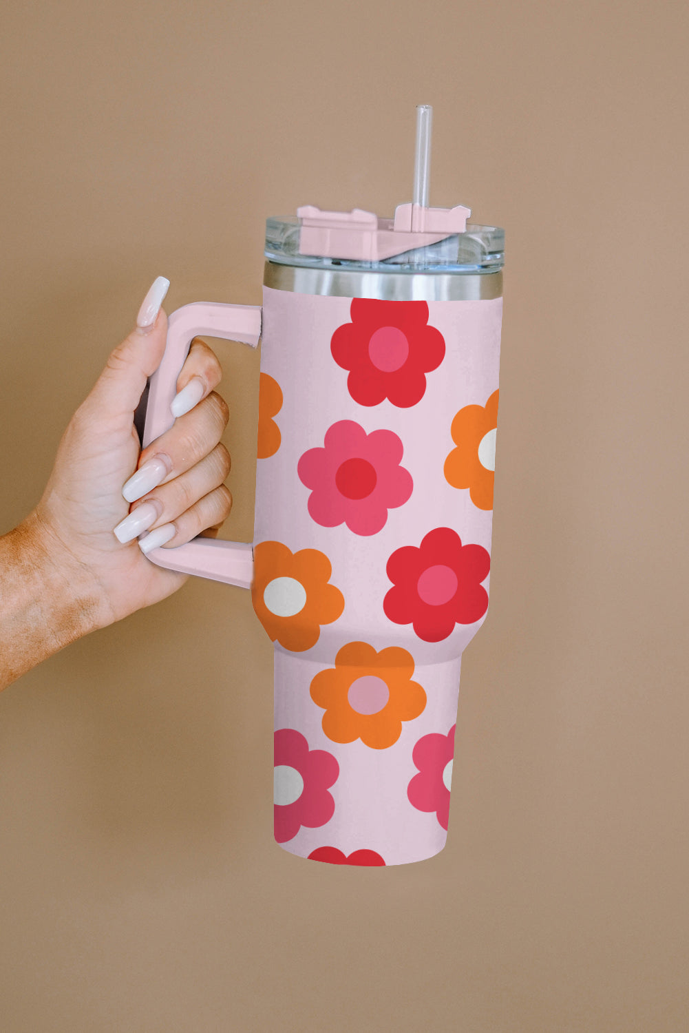 Flower Print Handled Stainless Steel Vacuum Cup 40oz