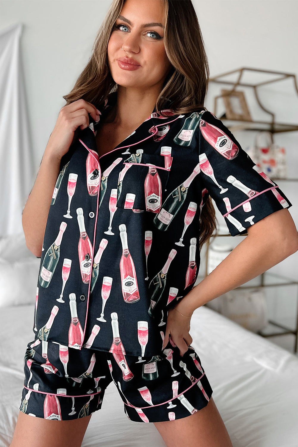 Champagne Print Silky Pajamas Set
