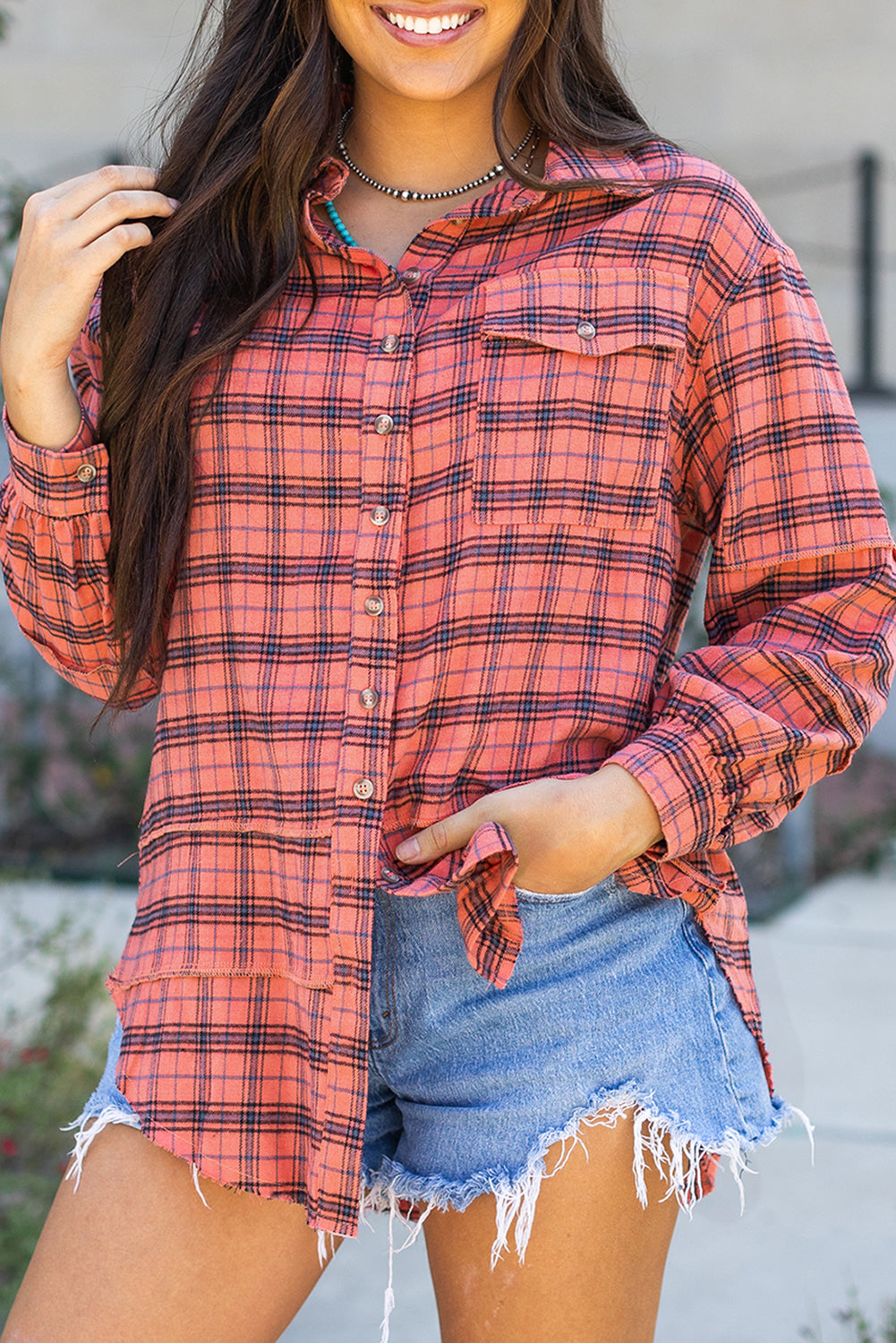 Plaid Long Sleeve Side Distressed Shirt