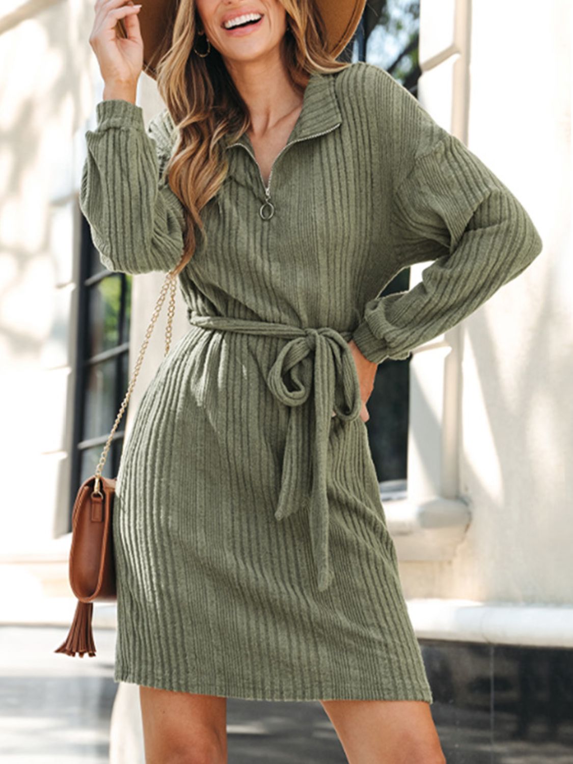 Tied Quarter Zip Long Sleeve Sweater Dress