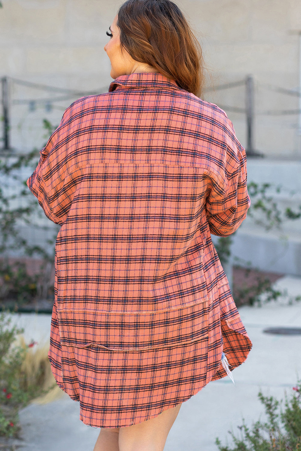 Plaid Long Sleeve Side Distressed Shirt