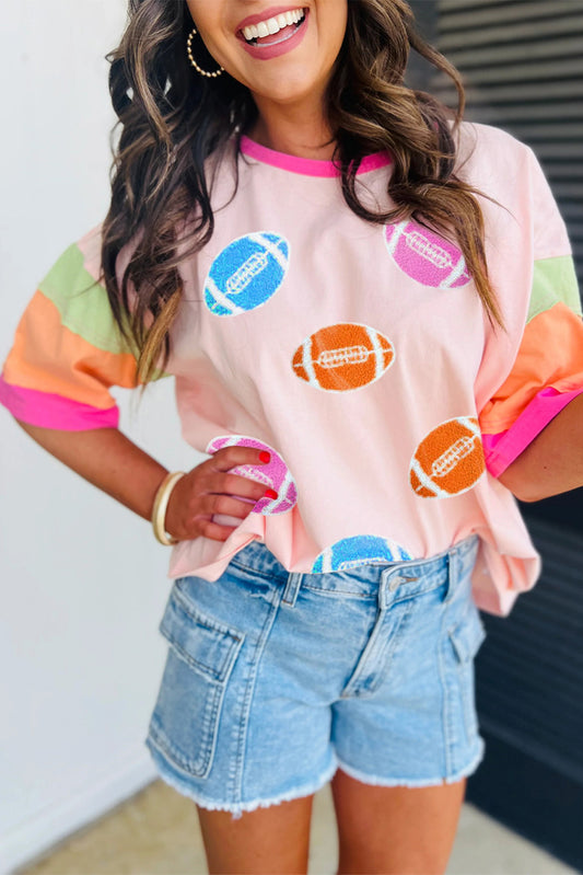 Pink Football Embroidered Color Block Tee