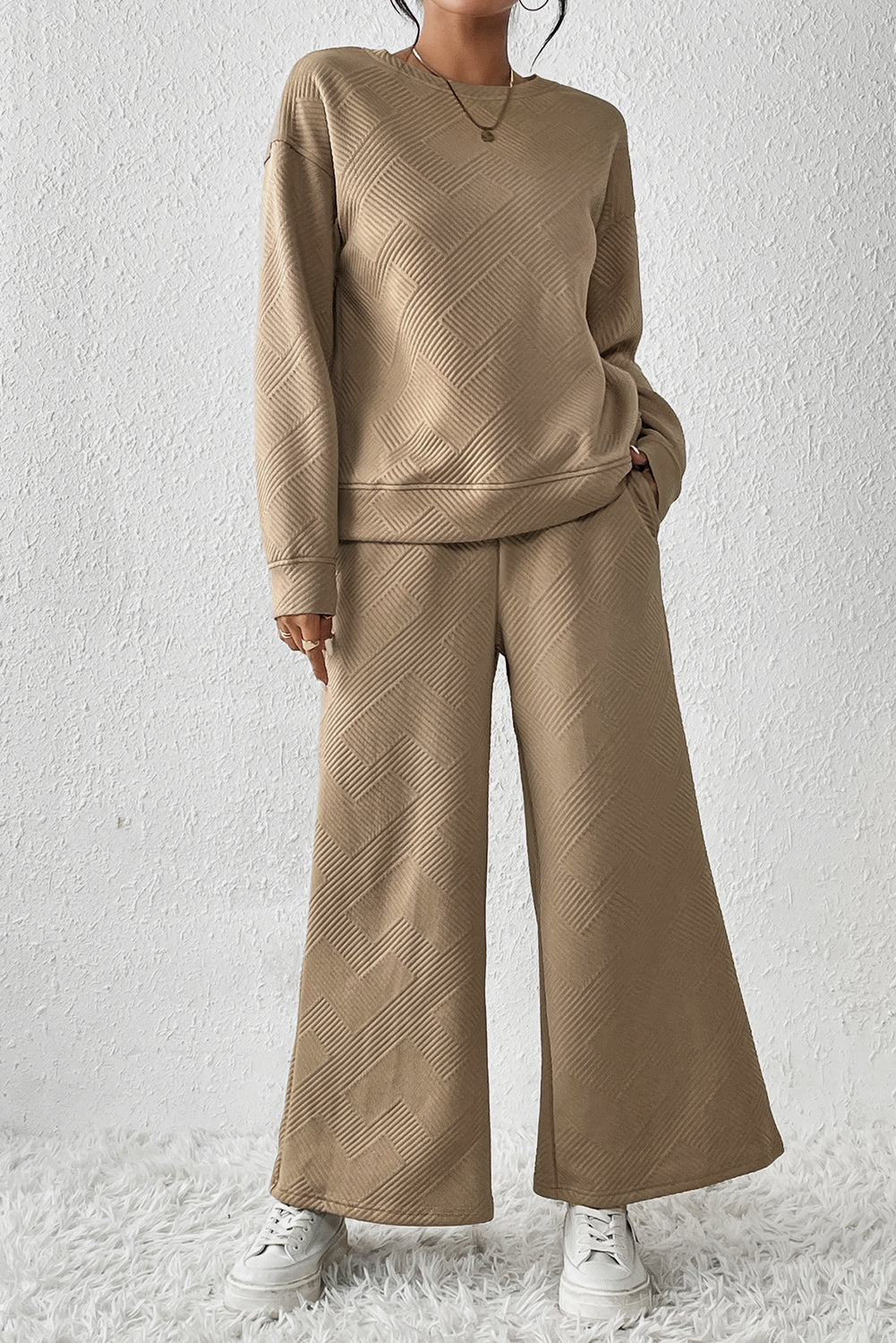 Textured Loose Slouchy Long Sleeve Top and Pants Set