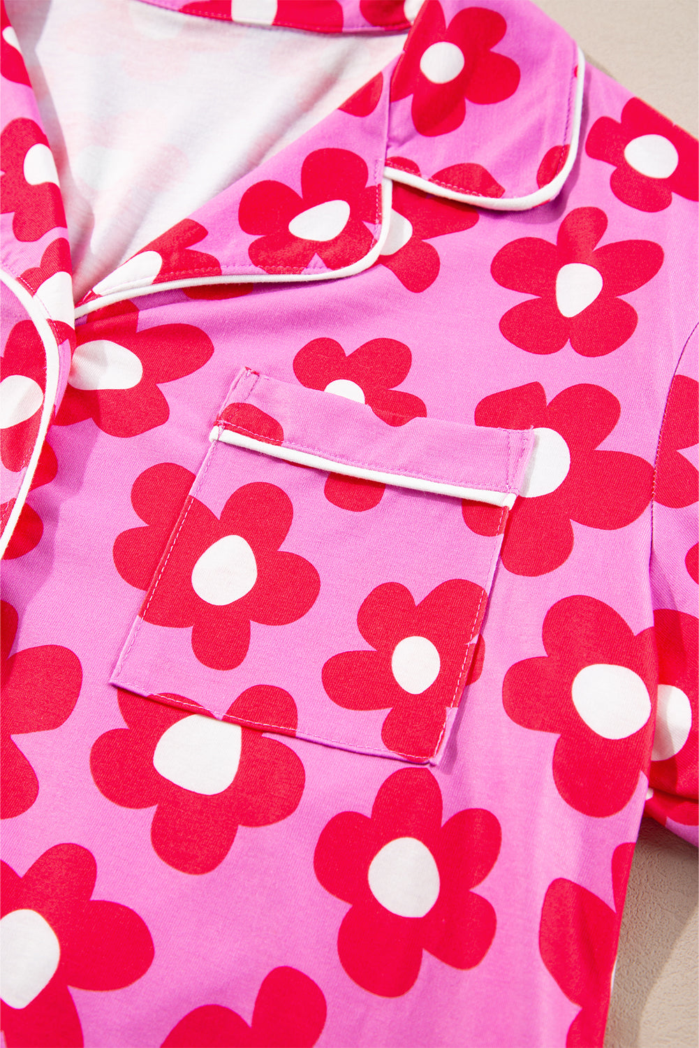Pink Floral Print Long Sleeve Shirt Shorts Pajamas Set