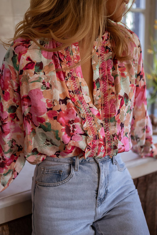 Red Floral Print Frill Blouse