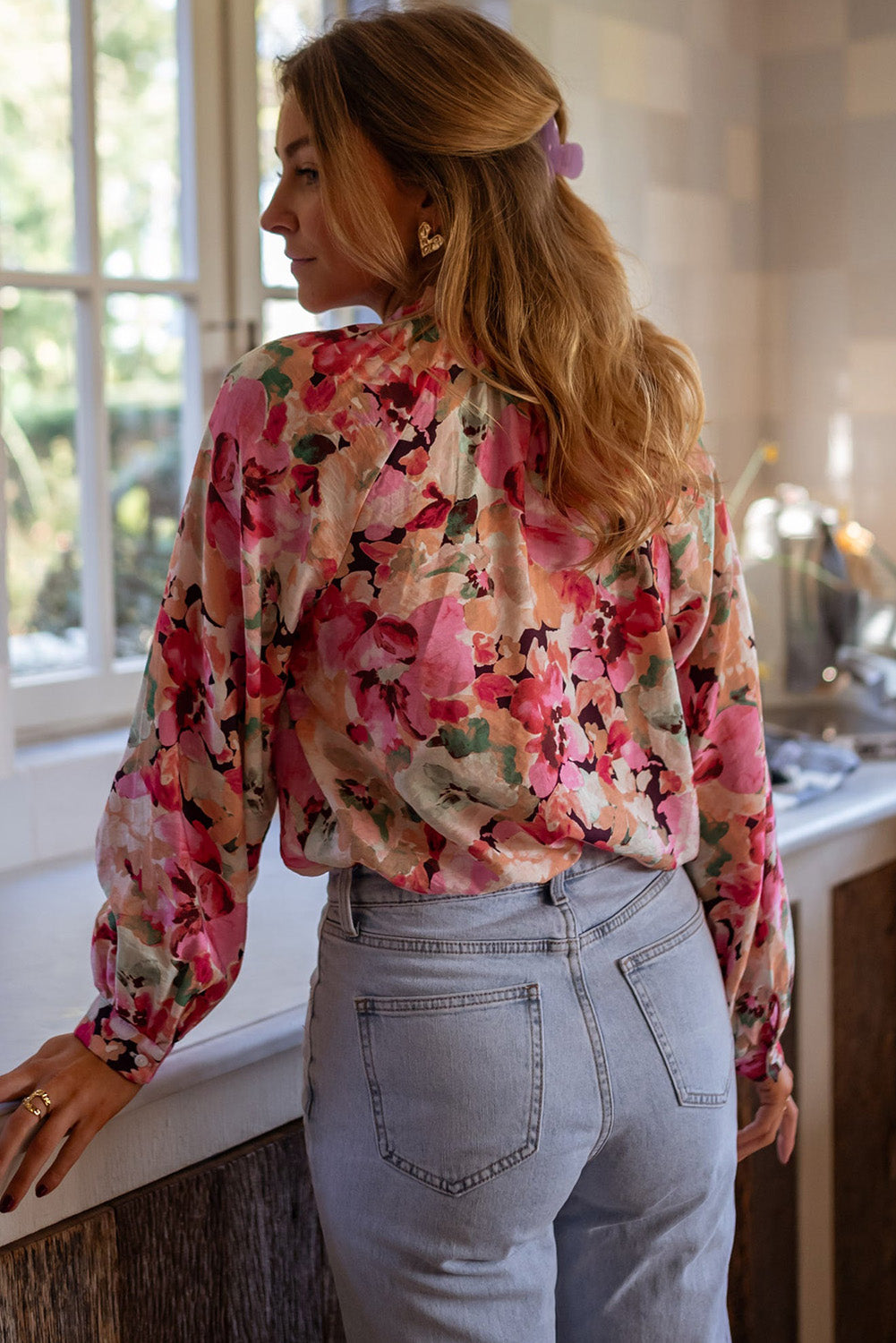 Red Floral Print Frill Blouse