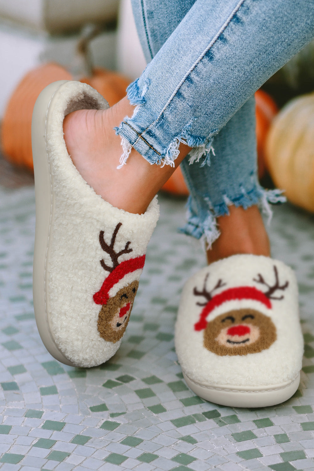 White Christmas Deer Plush Slippers