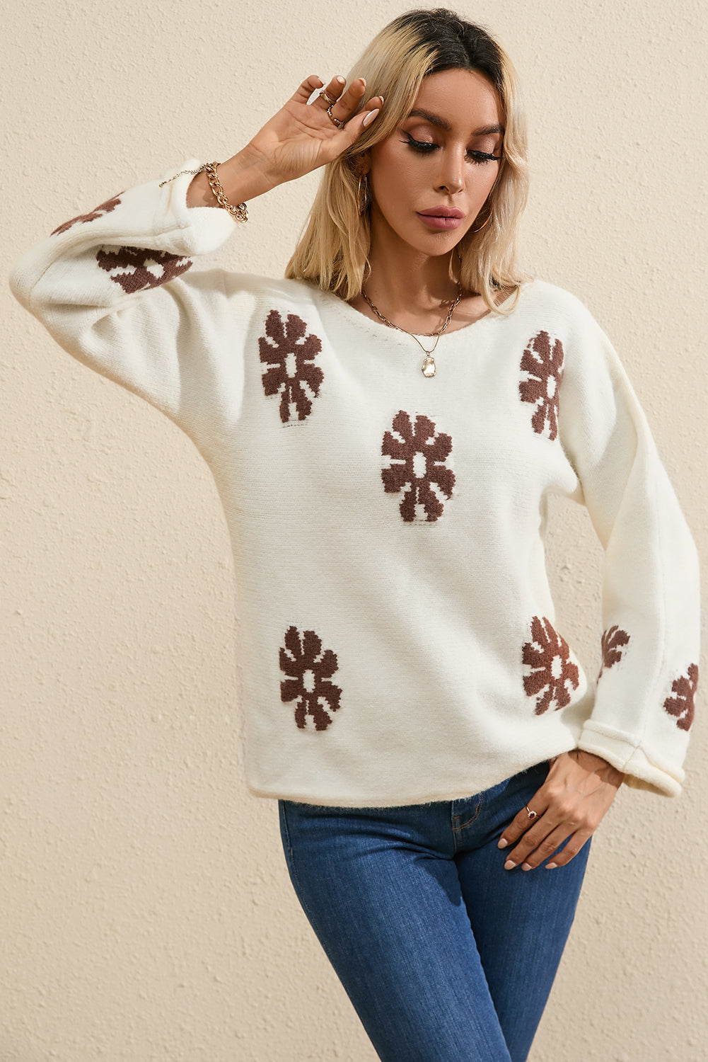 Colorblock Floral Pattern Round Neck Sweater