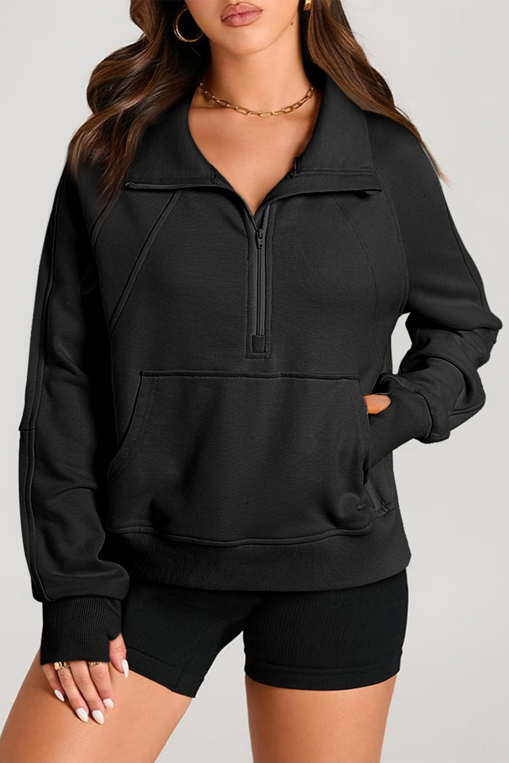 Versatile Stand Neck Quarter Zip Pullover with Kangaroo Pocket