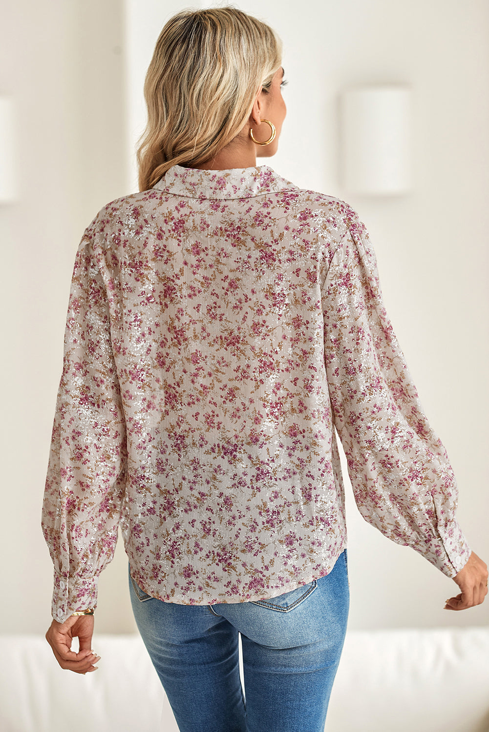 Pink Floral Bishop Sleeve Collared Blouse