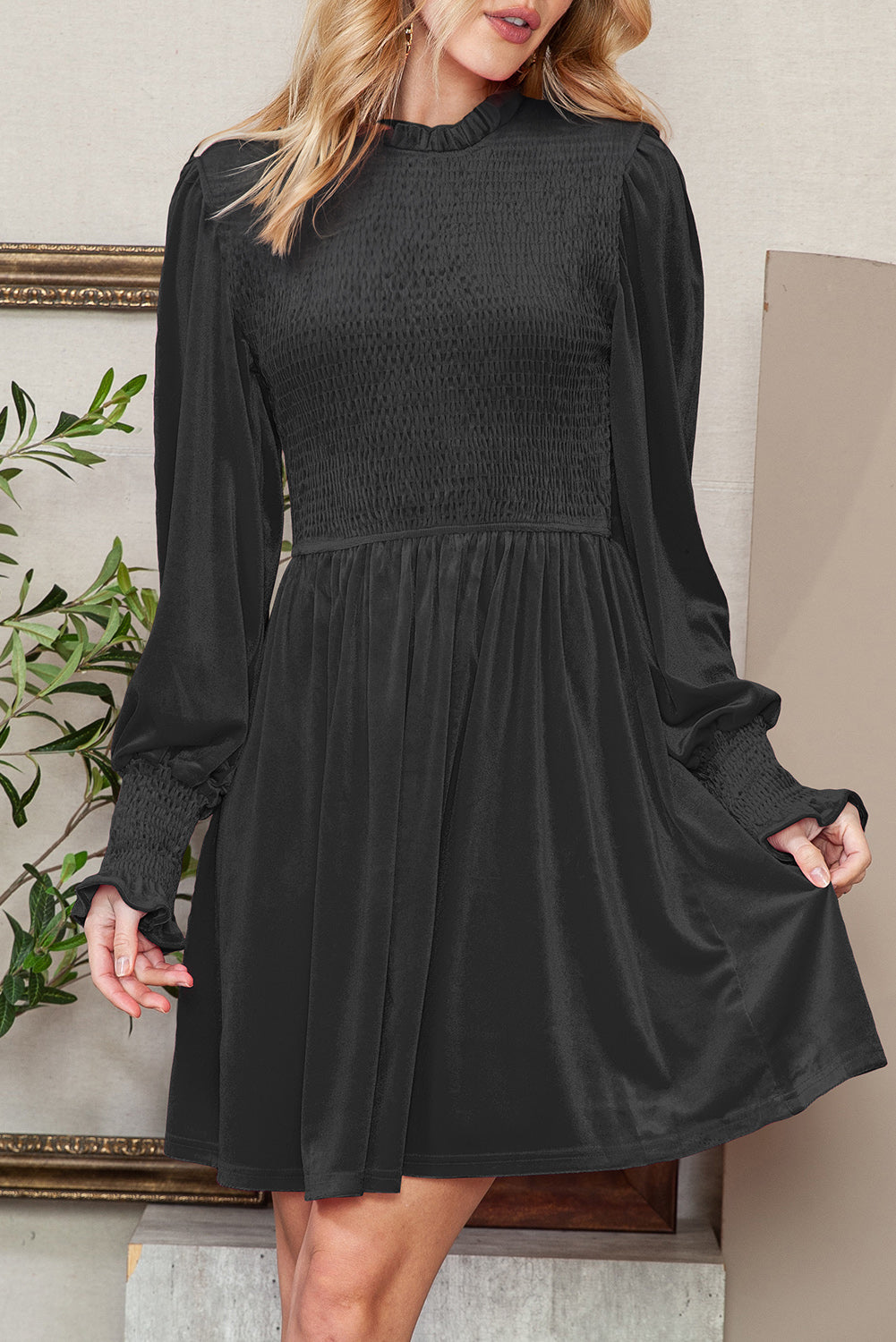 Red Smocked Lantern Sleeve Frilled Velvet Dress