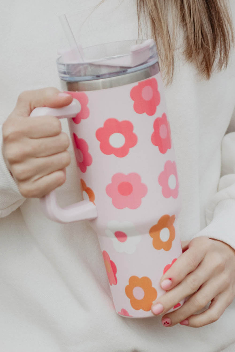 Flower Print Handled Stainless Steel Vacuum Cup 40oz