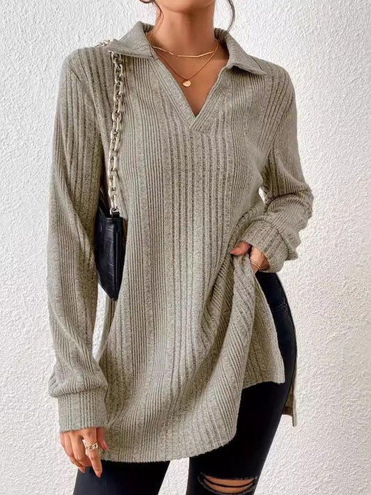 Slit ribbed Collar Long Sleeve Top