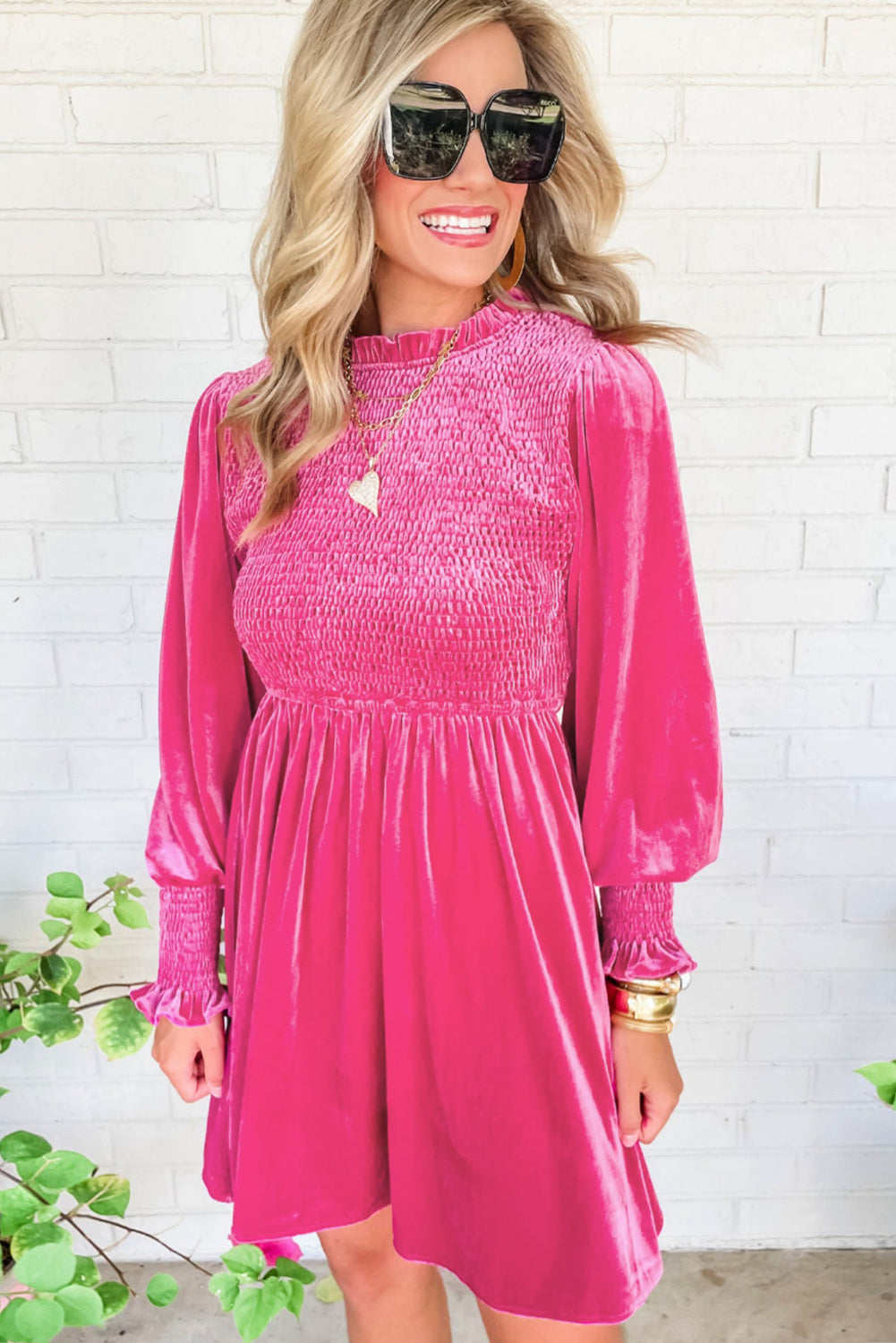Red Smocked Lantern Sleeve Frilled Velvet Dress