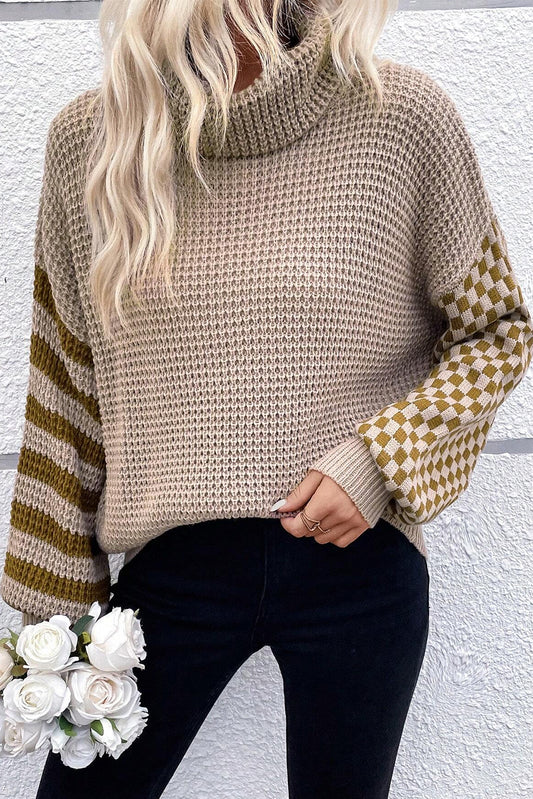 Smoke Gray Striped Plaid Waffle Knit Turtleneck Sweater