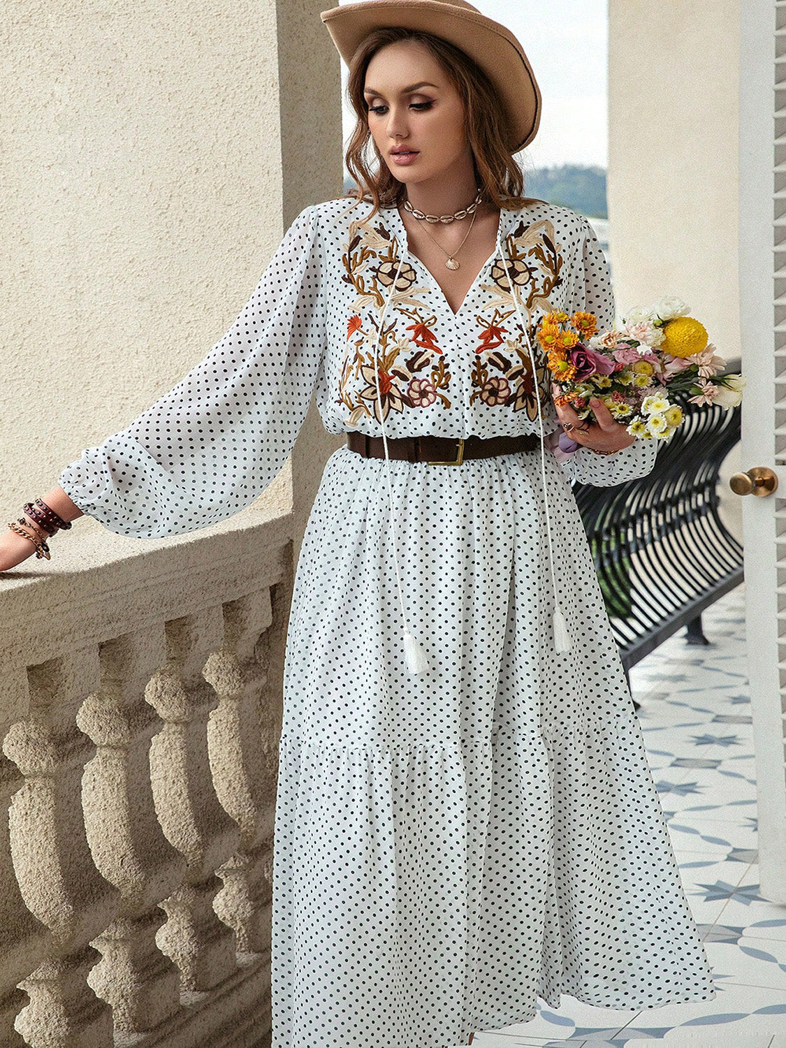 Boho Floral Embroidered Polka Dot Plus Size Midi Dress with Tie Neck
