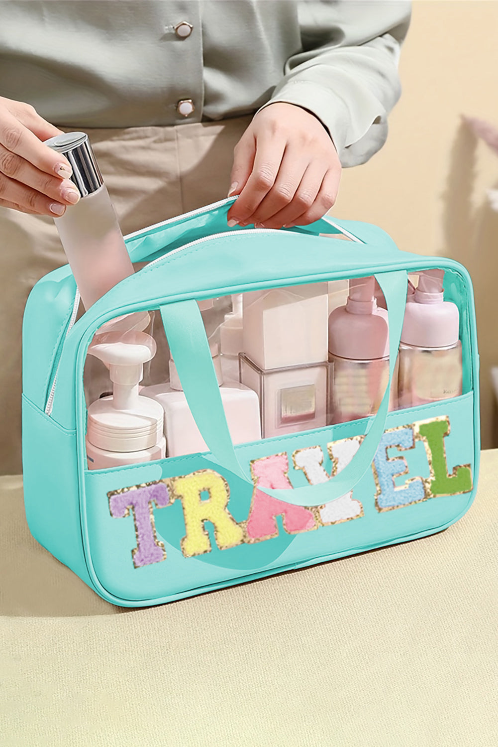 Mint Green TRAVEL Chenille Letter Clear Makeup Bag
