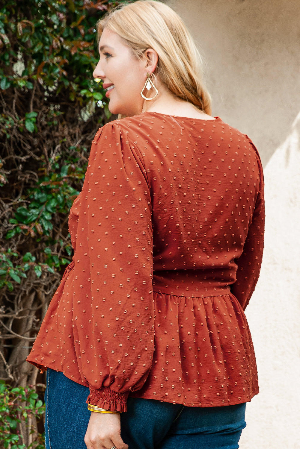 Gold Flame Swiss Dot V Neck Wrap Tie Side Blouse