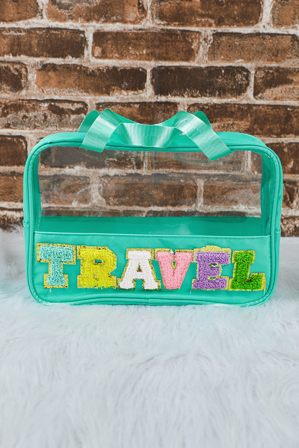 Mint Green TRAVEL Chenille Letter Clear Makeup Bag