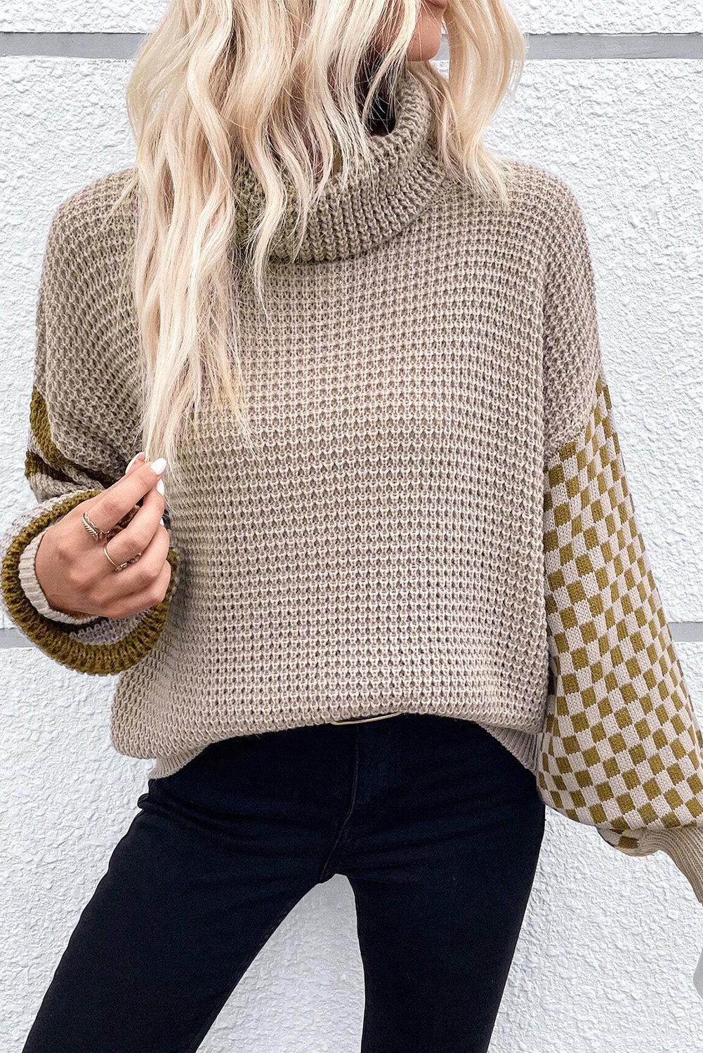 Smoke Gray Striped Plaid Waffle Knit Turtleneck Sweater