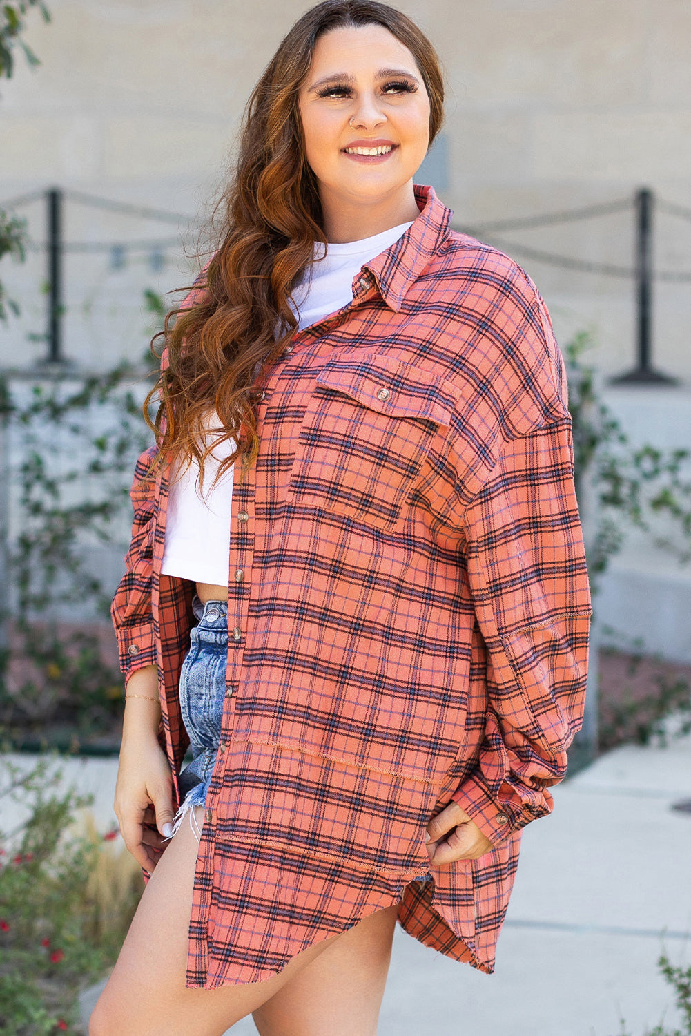 Plaid Long Sleeve Side Distressed Shirt