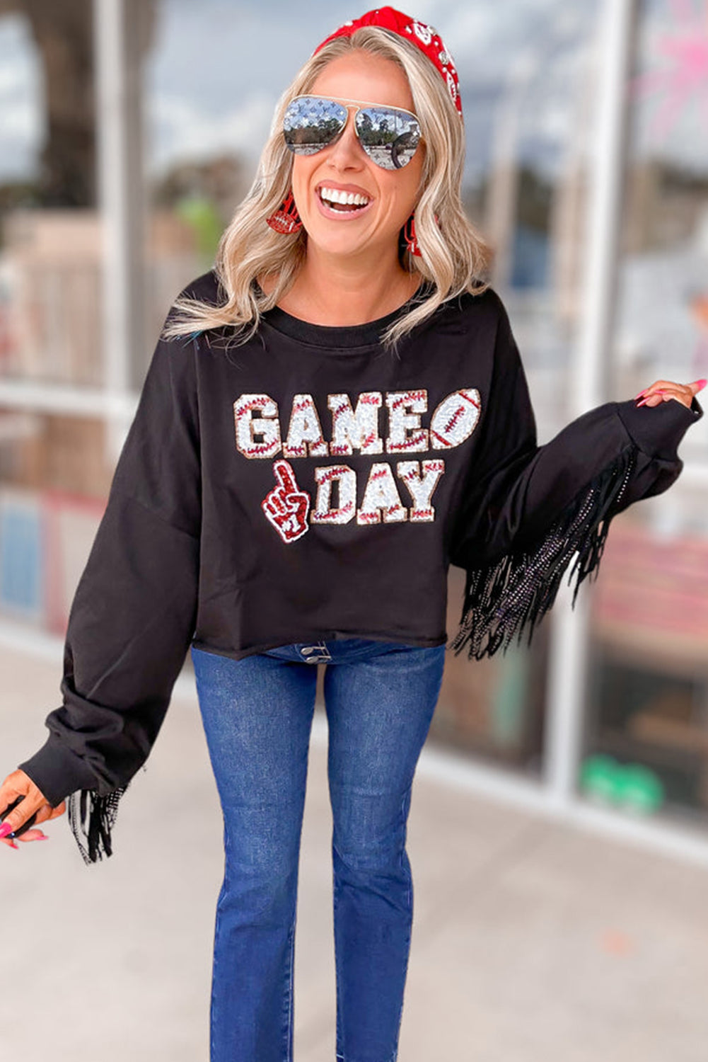"GAME DAY" Cropped Sweatshirt with Sequins & Tassels