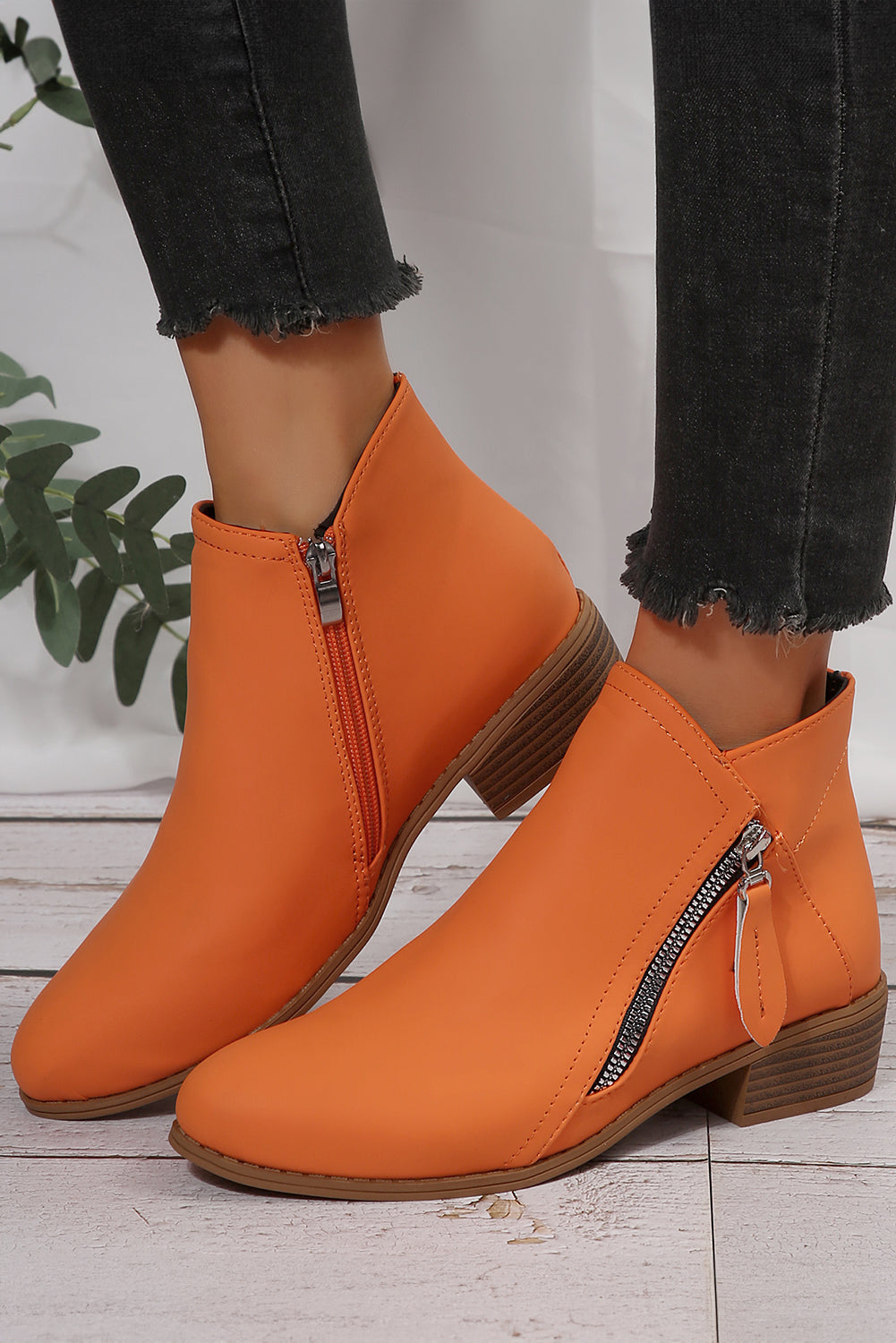 White Faux Leather Double Zip Low Heel Ankle Boots