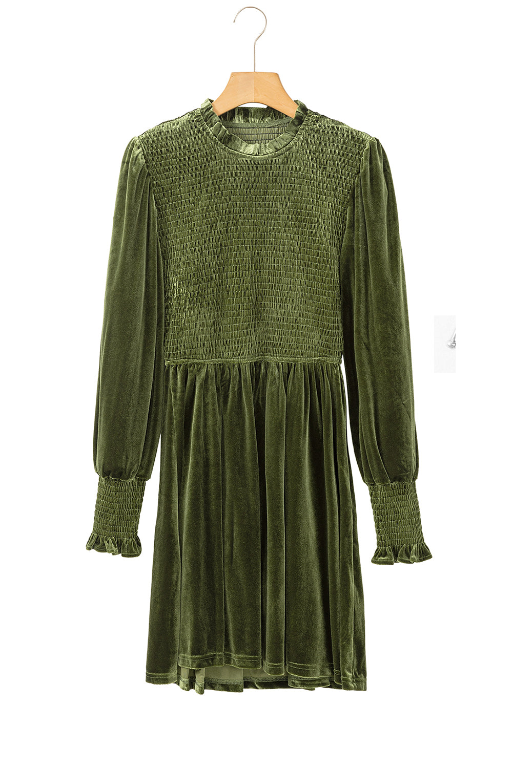 Red Smocked Lantern Sleeve Frilled Velvet Dress