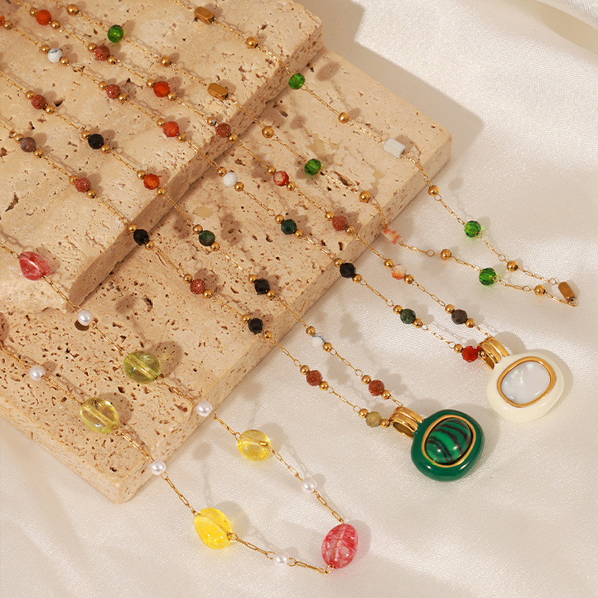 2-Piece Pearl & Natural Stone Necklace with Gold-Plated Beads and Oil Drip Charm