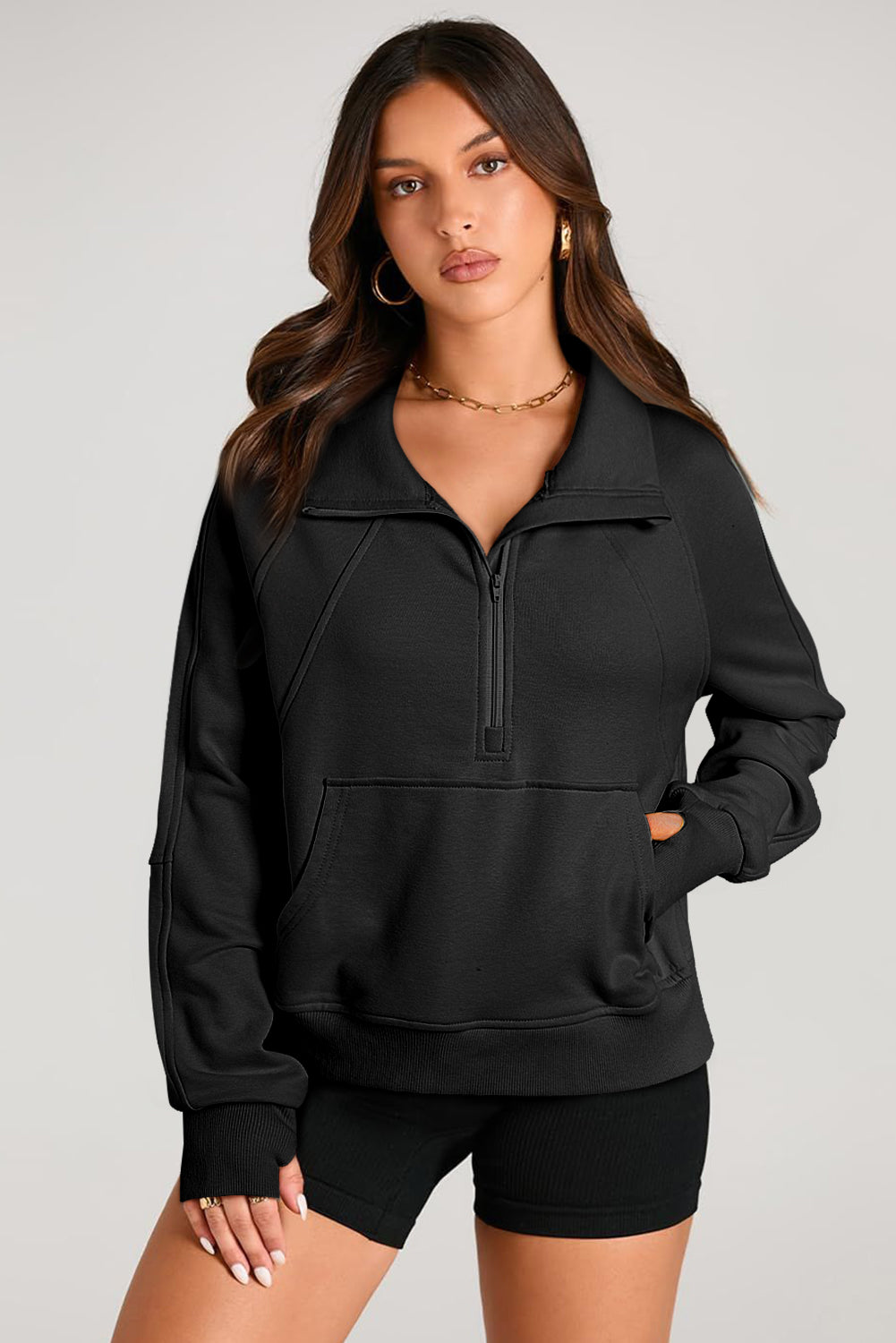 Versatile Stand Neck Quarter Zip Pullover with Kangaroo Pocket