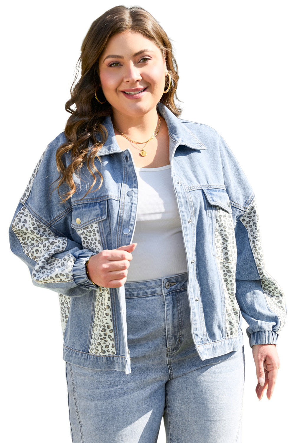 Plus-Size Denim Jacket with Trendy Leopard Patchwork and Flap Detail