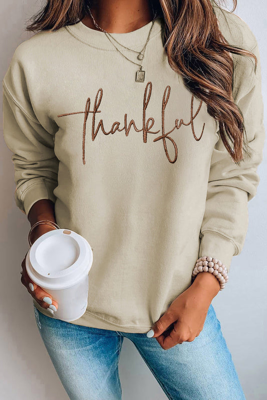 thankful Embroidered Drop Shoulder Pullover Sweatshirt