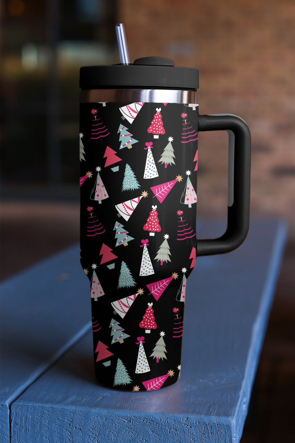 Black Cartoon Christmas Tree Printed 40oz Thermos Cup