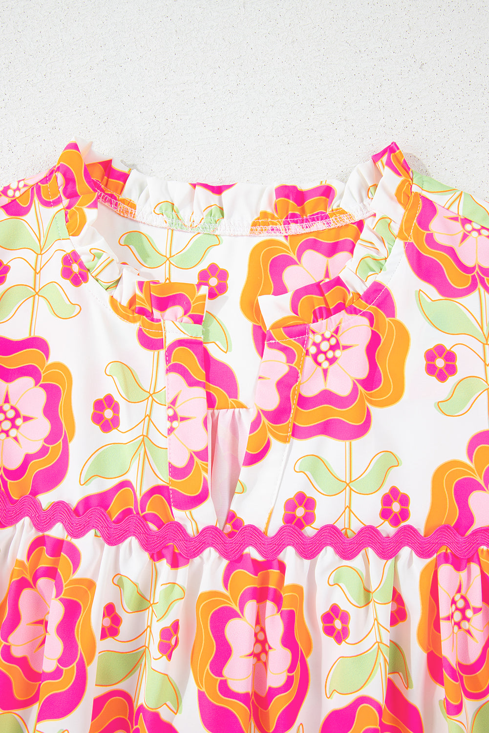 Rose Floral Ruffled Sleeve Ric-rac Trim Split Neck Loose Blouse