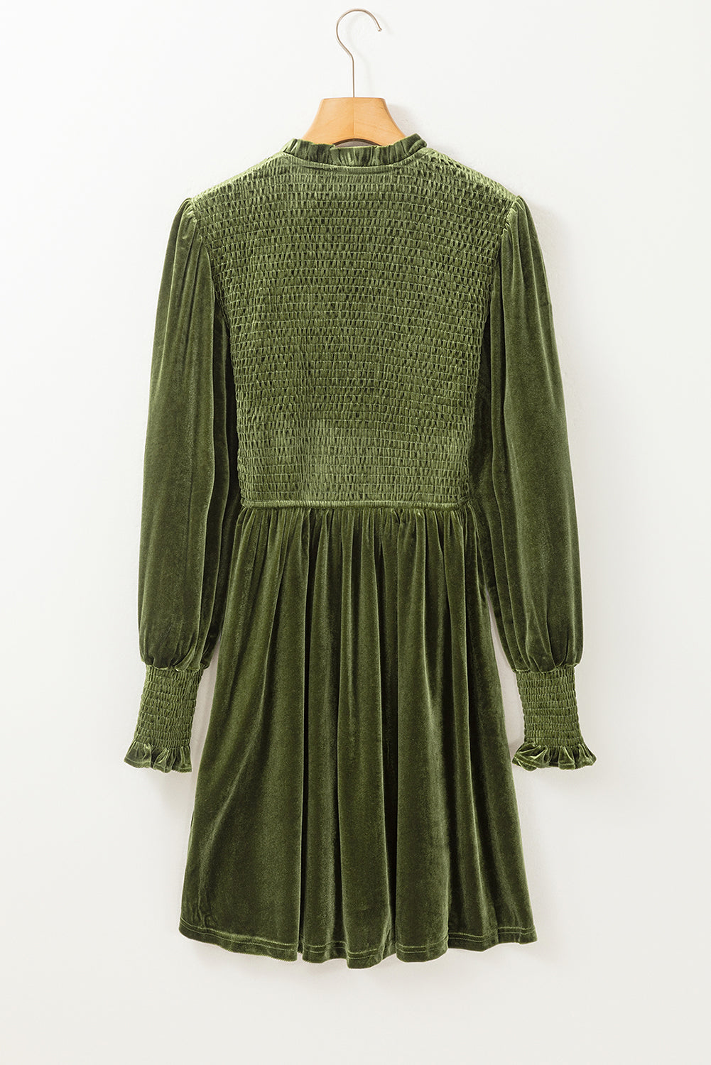 Red Smocked Lantern Sleeve Frilled Velvet Dress