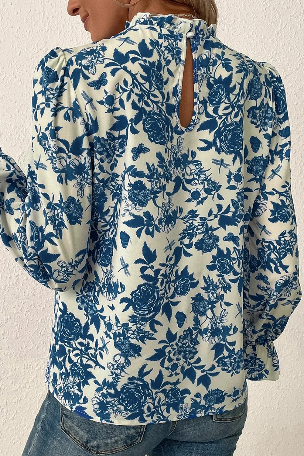 Floral Print Mock Neck Flounce Sleeve Blouse