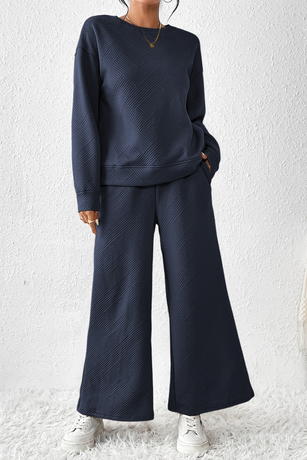 Textured Loose Slouchy Long Sleeve Top and Pants Set